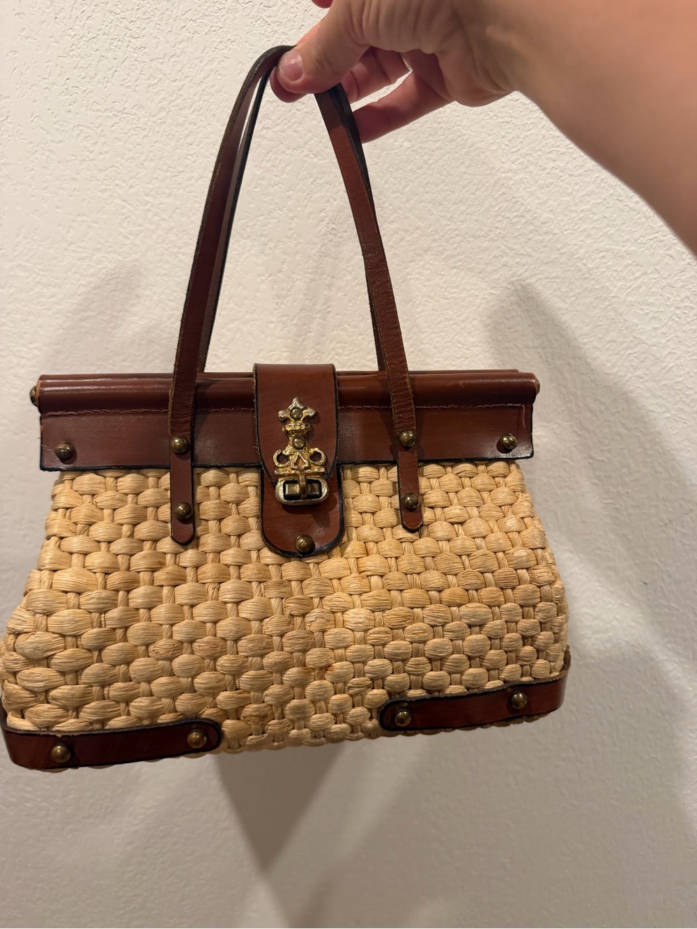 Burlington Woven Straw Tote with Brown Leather Trim and Gold Accent - Picture 5 of 6